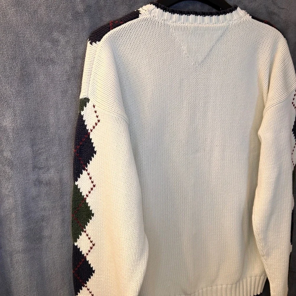 VTG Tommy Hilfiger Men's XL Argyle Heavy Knit Sweater Ivory Green Navy Cotton